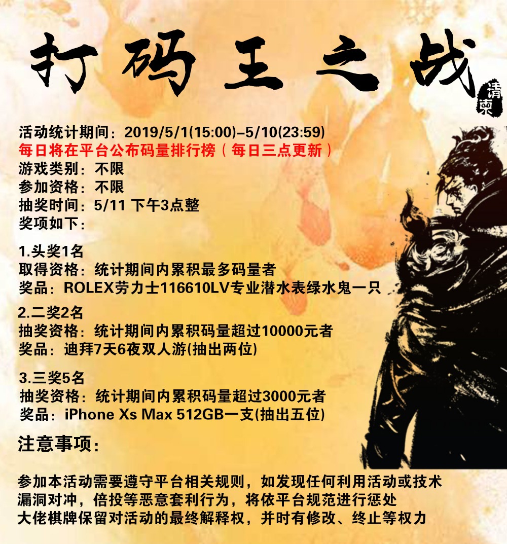 【大佬棋牌】打码王之战活动